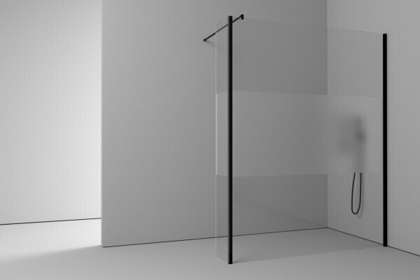 Duschkabine nach Maß konfigurierbar mit teilsatiniertem Glas und schwarzen Beschlägen Typ 2