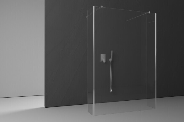Duschglaswand mit ESG Glas offenem Einstieg und Chrom Beschläge für ebenerdigen Aufbau