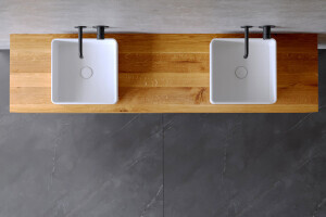 Waschbeckenunterschrank aus Eiche mit zwei Schubladen und Aufsatzwaschbecken nach Ma&szlig;