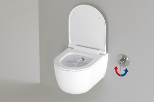 Dusch-WC wei&szlig; glanz mit Vitra-Warmwasserhahn und Geberit Vorwandelement